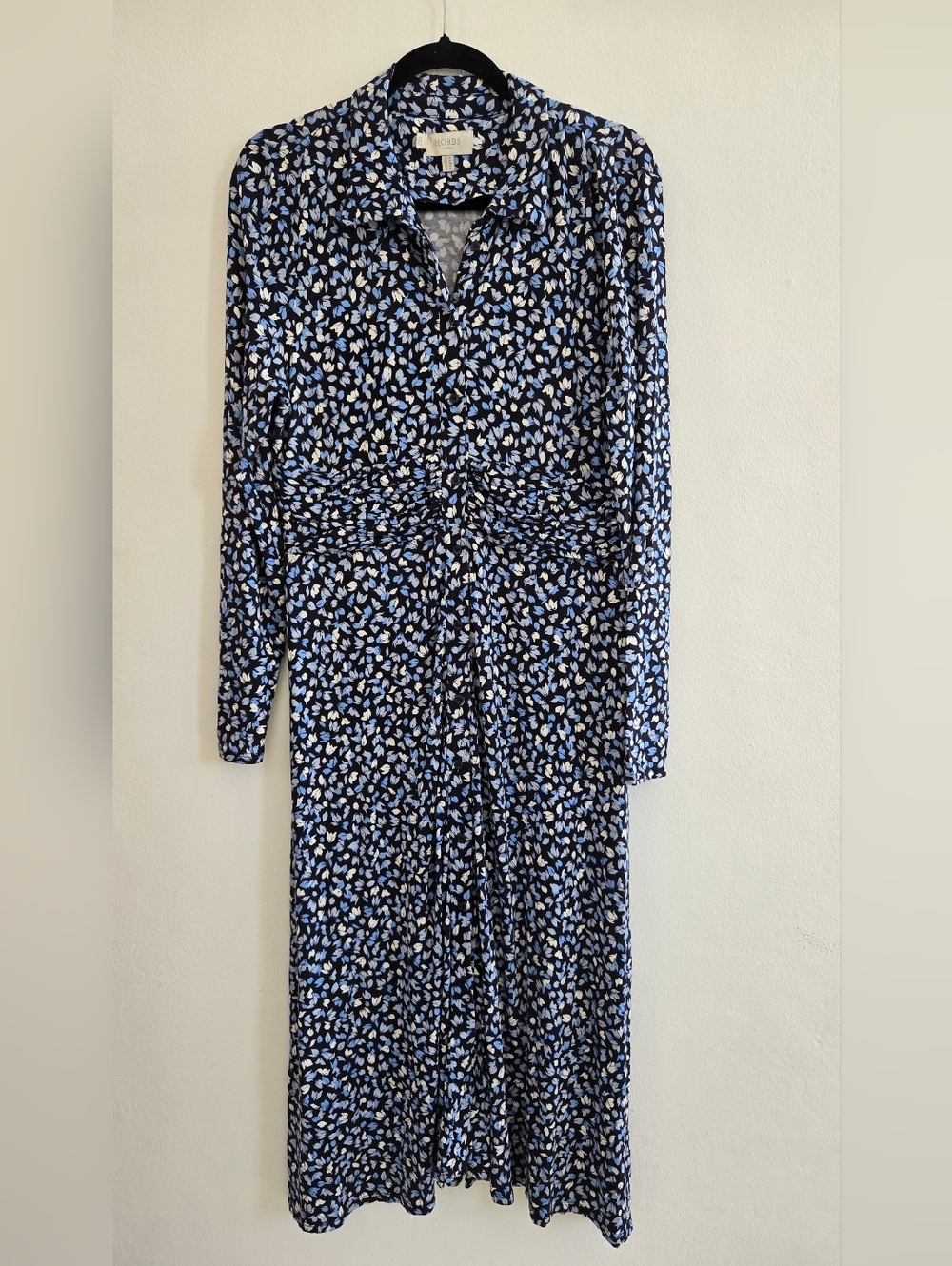 Hobbs London Floral Knit In Black, Blue & Cream Colors Button Down Dress Size 12
